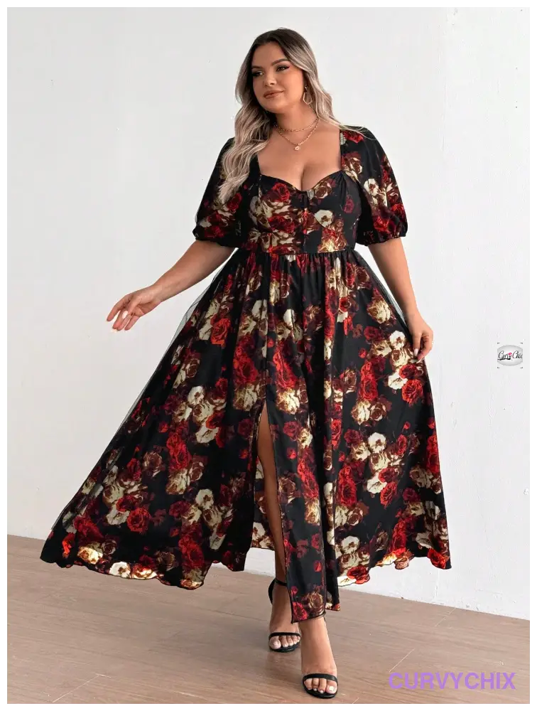 Plus Size Romantic Red Floral Mesh High Slit Heart Neck