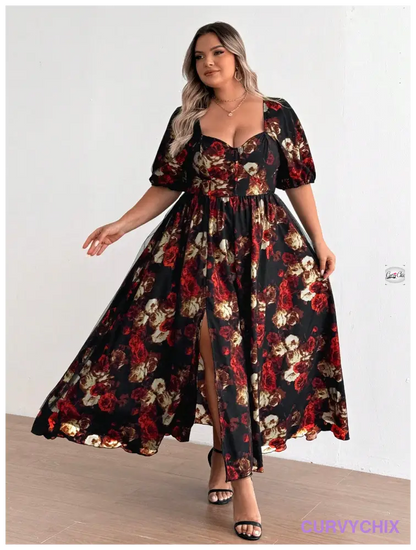 Plus Size Romantic Red Floral Mesh High Slit Heart Neck