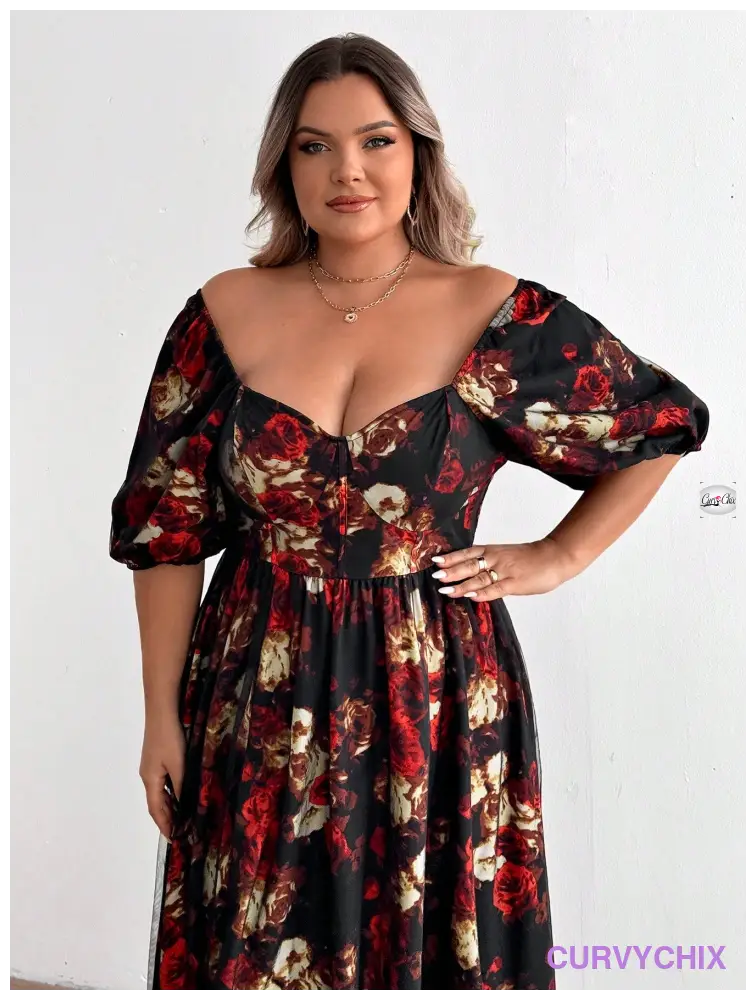 Plus Size Romantic Red Floral Mesh High Slit Heart Neck