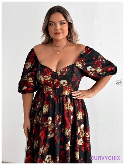 Plus Size Romantic Red Floral Mesh High Slit Heart Neck