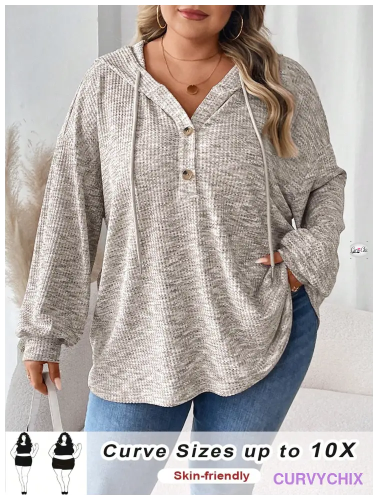 Plus Size Half Button Drop Shoulder Drawstring Hoodie UK