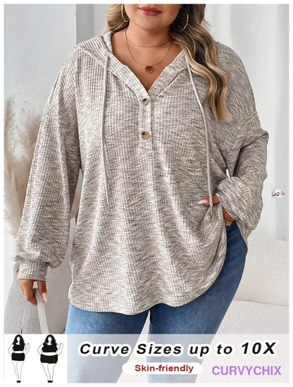 Plus Size Half Button Drop Shoulder Drawstring Hoodie UK