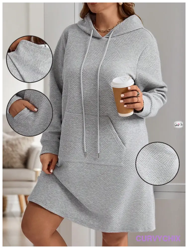 Plus Size Hooded Neck Tie Pocket Long Sleeve Dress Dresses