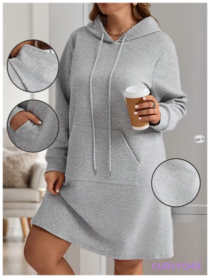 Plus Size Hooded Neck Tie Pocket Long Sleeve Dress Dresses