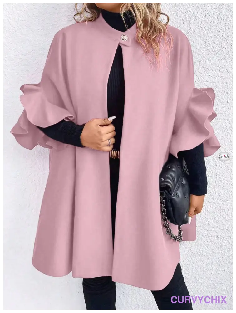 Plus Size Plain Button Front Ruffle Trim Mid Long Sleeve Casual Jacket Overcoats