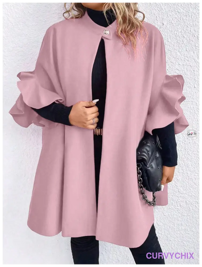 Plus Size Plain Button Front Ruffle Trim Mid Long Sleeve Casual Jacket Overcoats