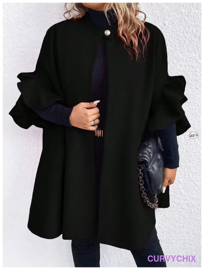 Plus Size Plain Button Front Ruffle Trim Mid Long Sleeve Casual Jacket Overcoats