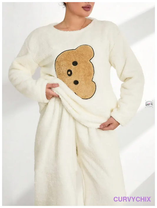 2Pcs Plus Size Pelush Animal Embroidery Detail Pj Set Pajama Sets