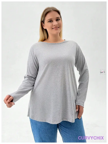 100% Cotton Solid Colour Loose Fit Round Neck Plus Size