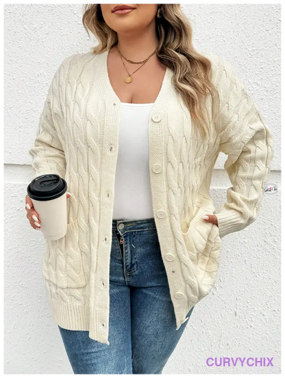 Plus Size Versatile Cable Knit Cardigan Cardigans