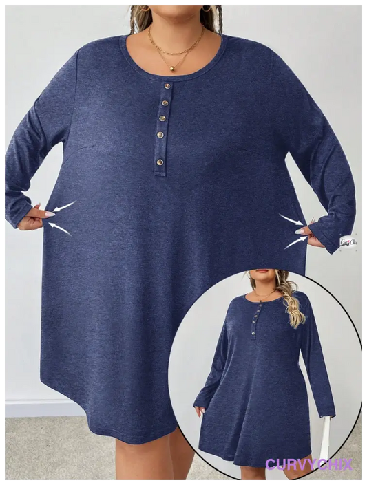 Plus Size Button Front Long Sleeve T-Shirt Dress UK SIZES