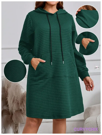 Plus Size Hooded Neck Tie Pocket Long Sleeve Dress Dresses