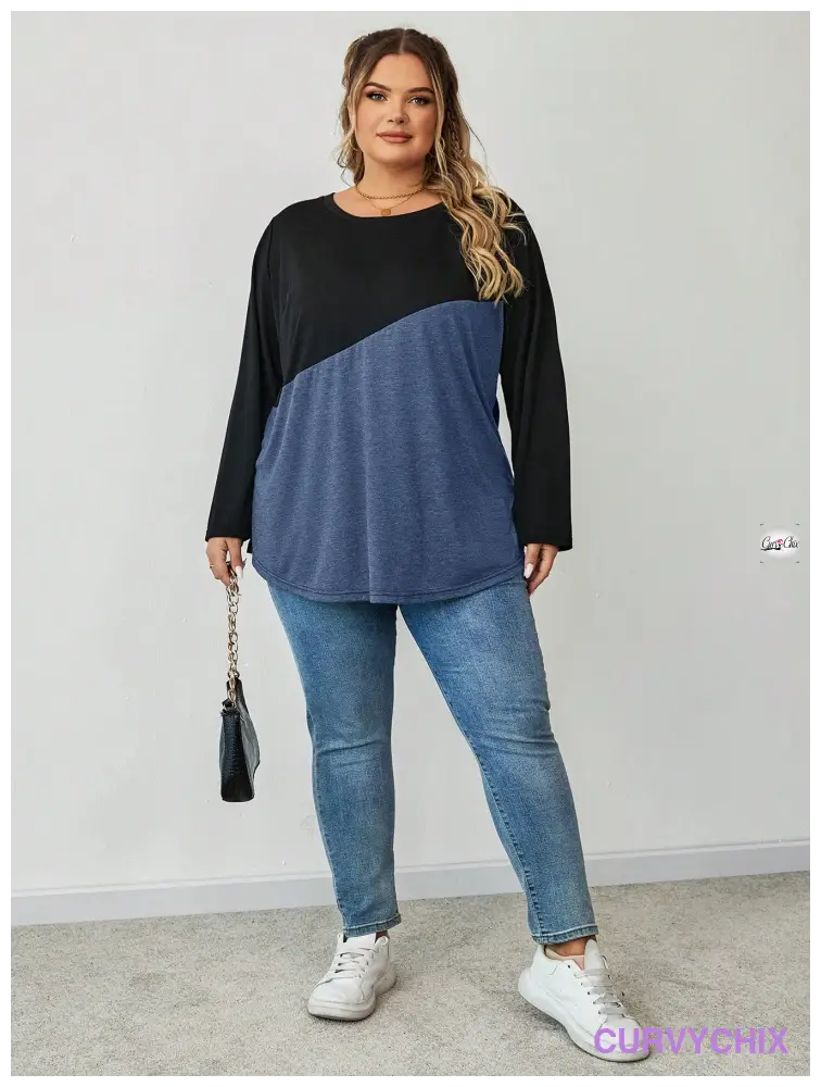 Plus Size Crew Neck Colour block T-Shirt UK SIZES 26-38