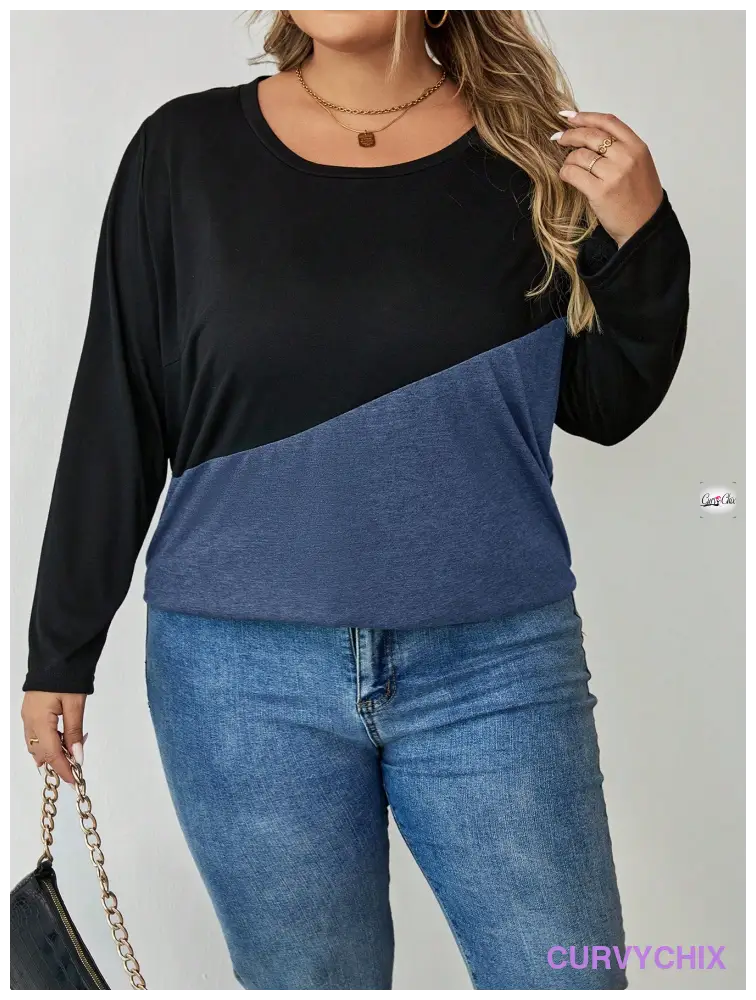 Plus Size Crew Neck Colour block T-Shirt UK SIZES 26-38