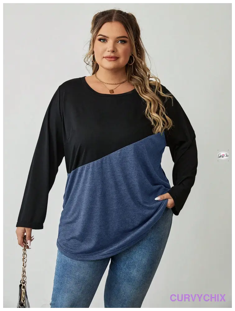 Plus Size Crew Neck Colour block T-Shirt UK SIZES 26-38