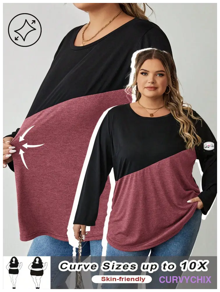 Plus Size Crew Neck Colour block T-Shirt UK SIZES 26-38