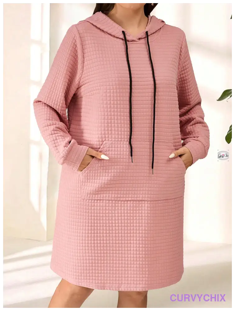 Plus Size Hooded Neck Tie Pocket Long Sleeve Dress Dresses