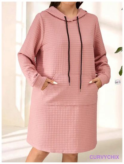 Plus Size Hooded Neck Tie Pocket Long Sleeve Dress Dresses