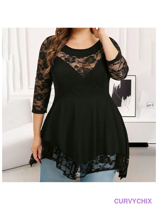 Plus Size Women New Year Tops Sexy Winter Floral Lace Long