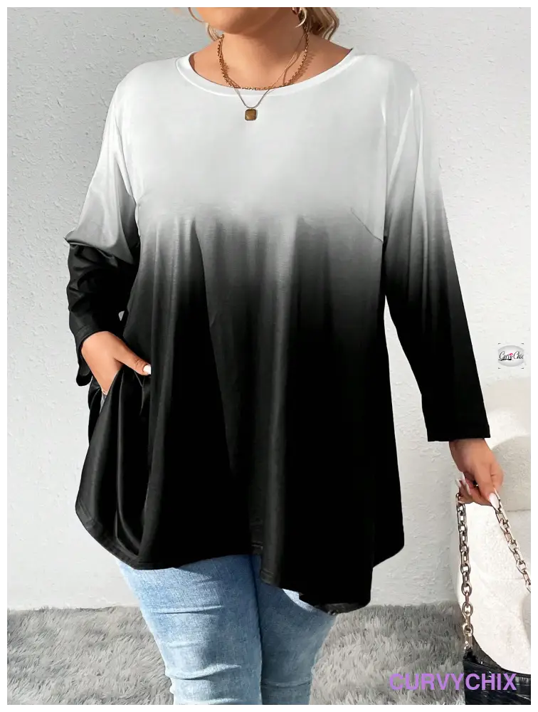 Plus Size Tie-Dye Printed Round Neck Long Sleeve Casual