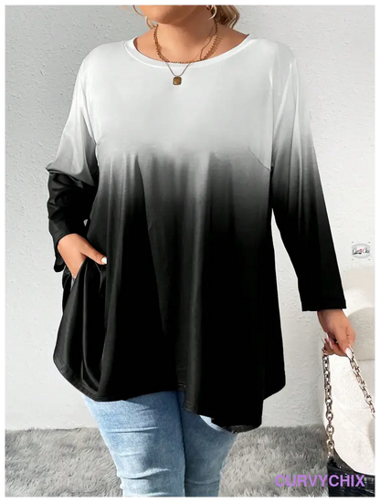 Plus Size Tie-Dye Printed Round Neck Long Sleeve Casual