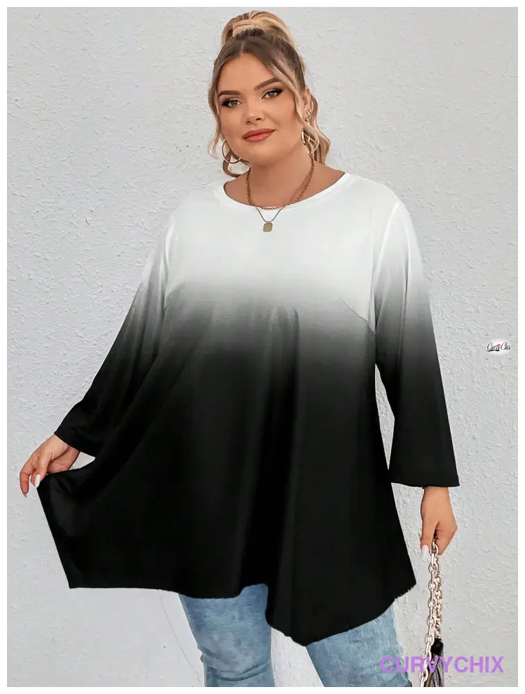 Plus Size Tie-Dye Printed Round Neck Long Sleeve Casual