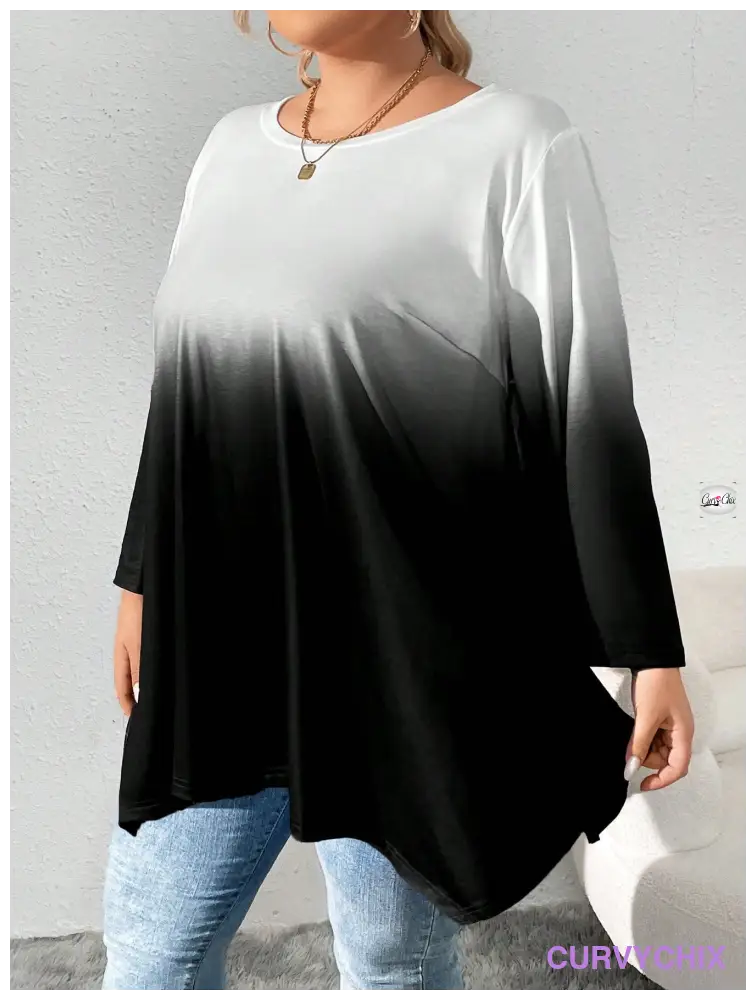 Plus Size Tie-Dye Printed Round Neck Long Sleeve Casual