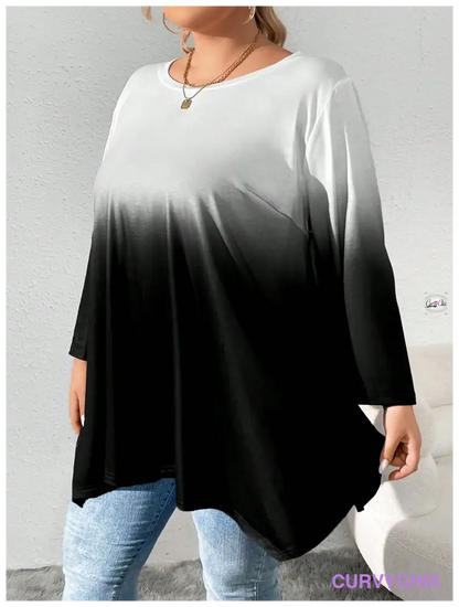 Plus Size Tie-Dye Printed Round Neck Long Sleeve Casual