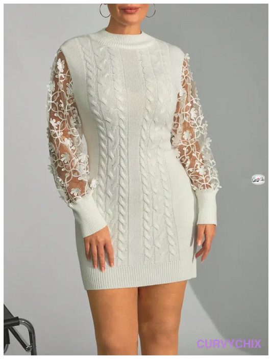 Lace Sleeve Detail Elegant Mini Dress - Plus Size Sweater