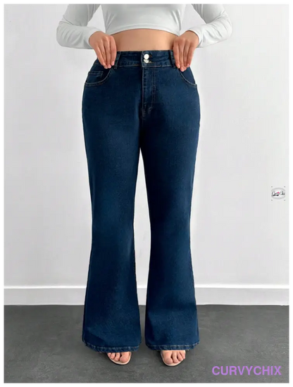 98% Cotton Ladies Plus Size Flared Jeans With Slant Pockets