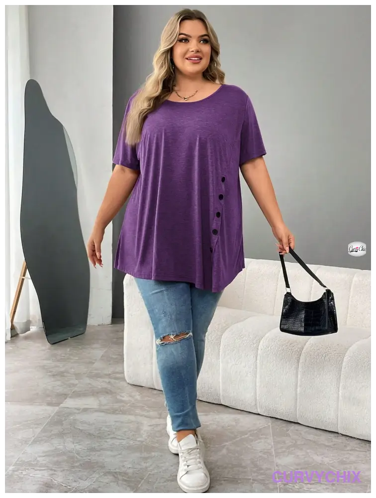 Plus Size Button Detail Asymmetrical Hem Top UK SIZES 26-38