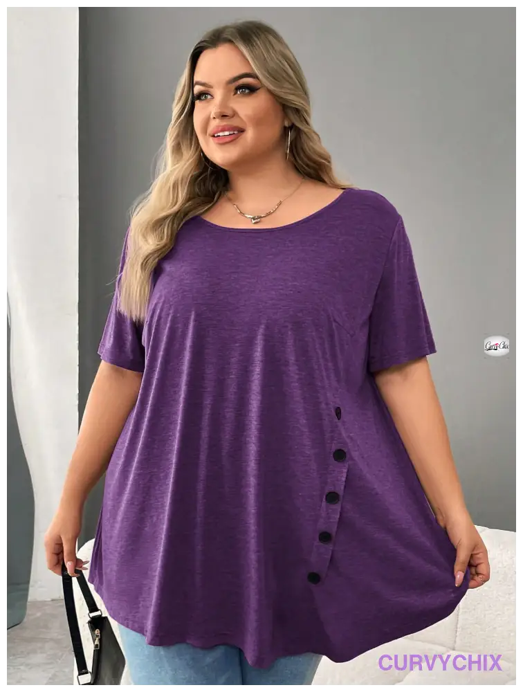 Plus Size Button Detail Asymmetrical Hem Top UK SIZES 26-38