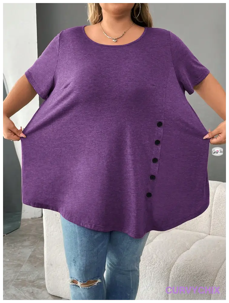 Plus Size Button Detail Asymmetrical Hem Top UK SIZES 26-38