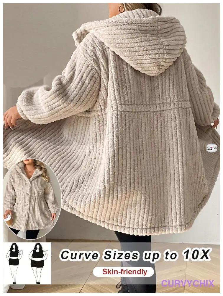 Plus Size Front-Button Hooded Teddy Bear Jacket UK SIZES