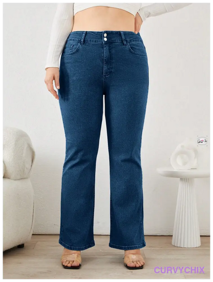 98% Cotton Ladies Plus Size Flared Jeans With Slant Pockets