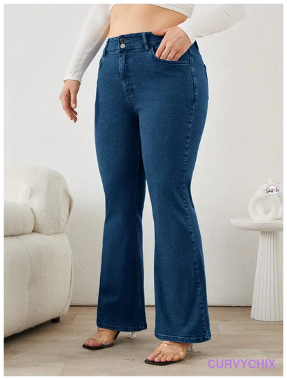 98% Cotton Ladies Plus Size Flared Jeans With Slant Pockets