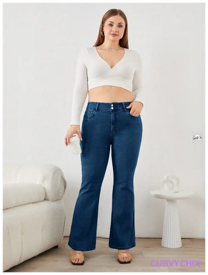 98% Cotton Ladies Plus Size Flared Jeans With Slant Pockets