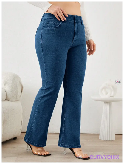 98% Cotton Ladies Plus Size Flared Jeans With Slant Pockets