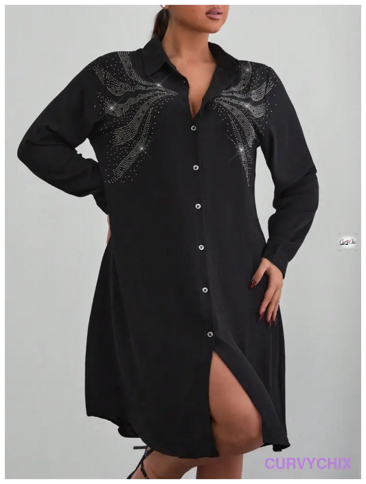 Plus Size Women’s Hot Stones Beading Details Woven Fabric